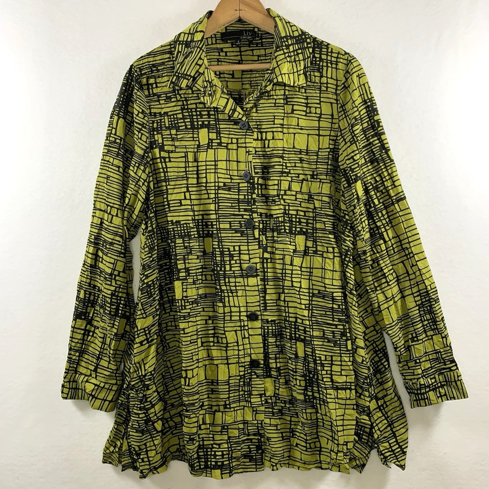 Liv Habitat Womens Crinkle Button Tunic Top S Oversized Lagenlook Boho Artsy